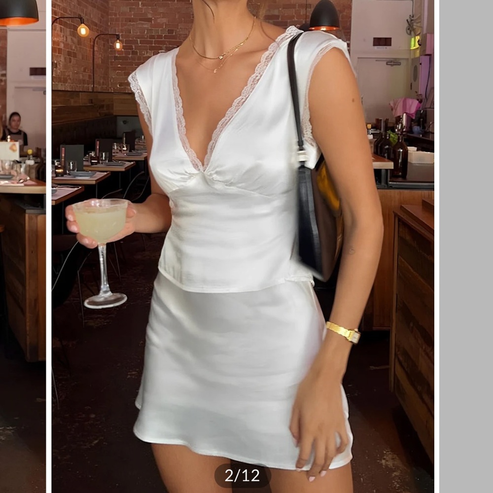 NWT! Commense Lace Trim Satin Skirt Set White (Sz S)